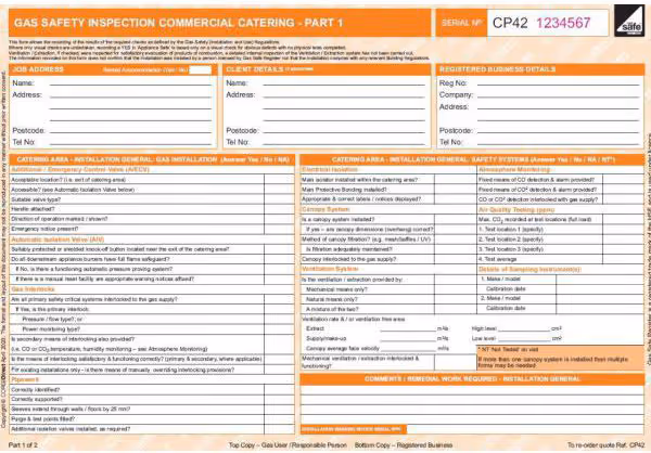 Gas safety inspection form for commercial catering, includes sections for job address, client details, and safety checks.